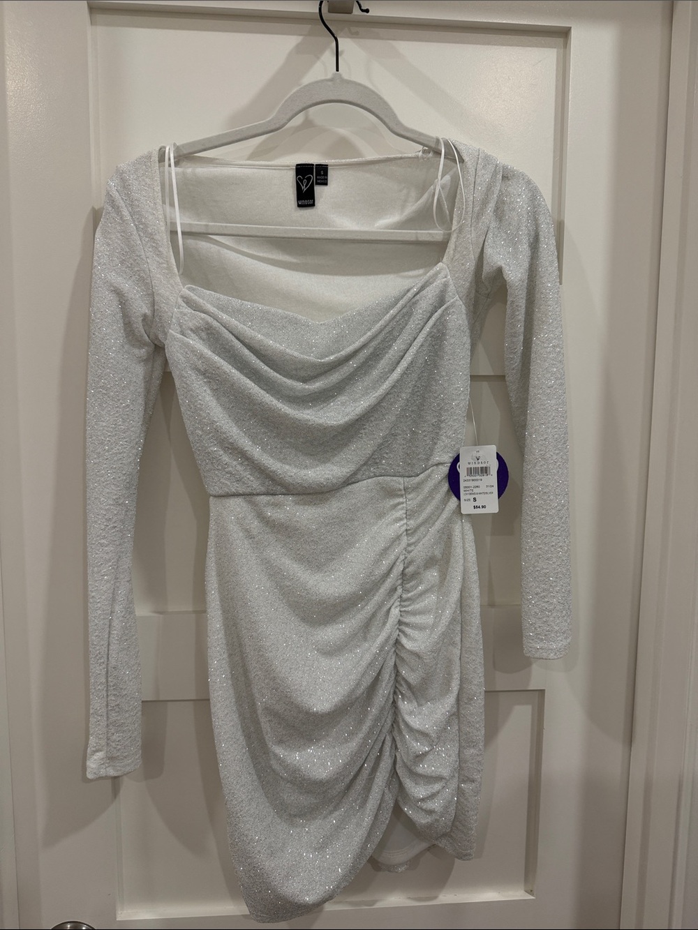 Windsor White Sparkle Ruched Long-Sleeve Mini Dress